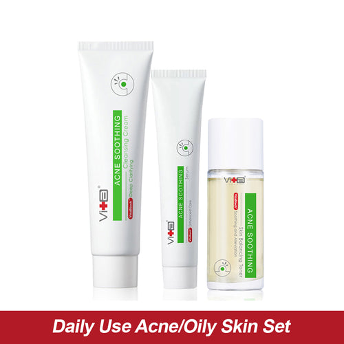 【Daily Use: Oily Skin】Swissvita Acne Soothing Cleansing Cream 100g, Acne Soothing Skin Balancing Toner 120ml, Swissvita Acne Soothing Serum 50g